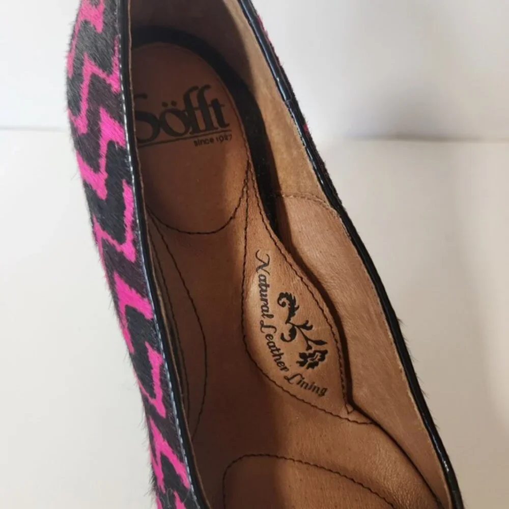 Sofft‎ Pink Black Chevron Calf Hair Pointed Toe Pumps Stiletto Heels
